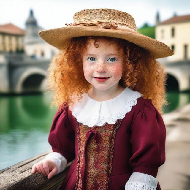 A five-year-old girl with natural red curly hair and a few freckles across the bridge of her nose and cheeks