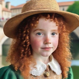 A five-year-old girl with natural red curly hair and a few freckles across the bridge of her nose and cheeks