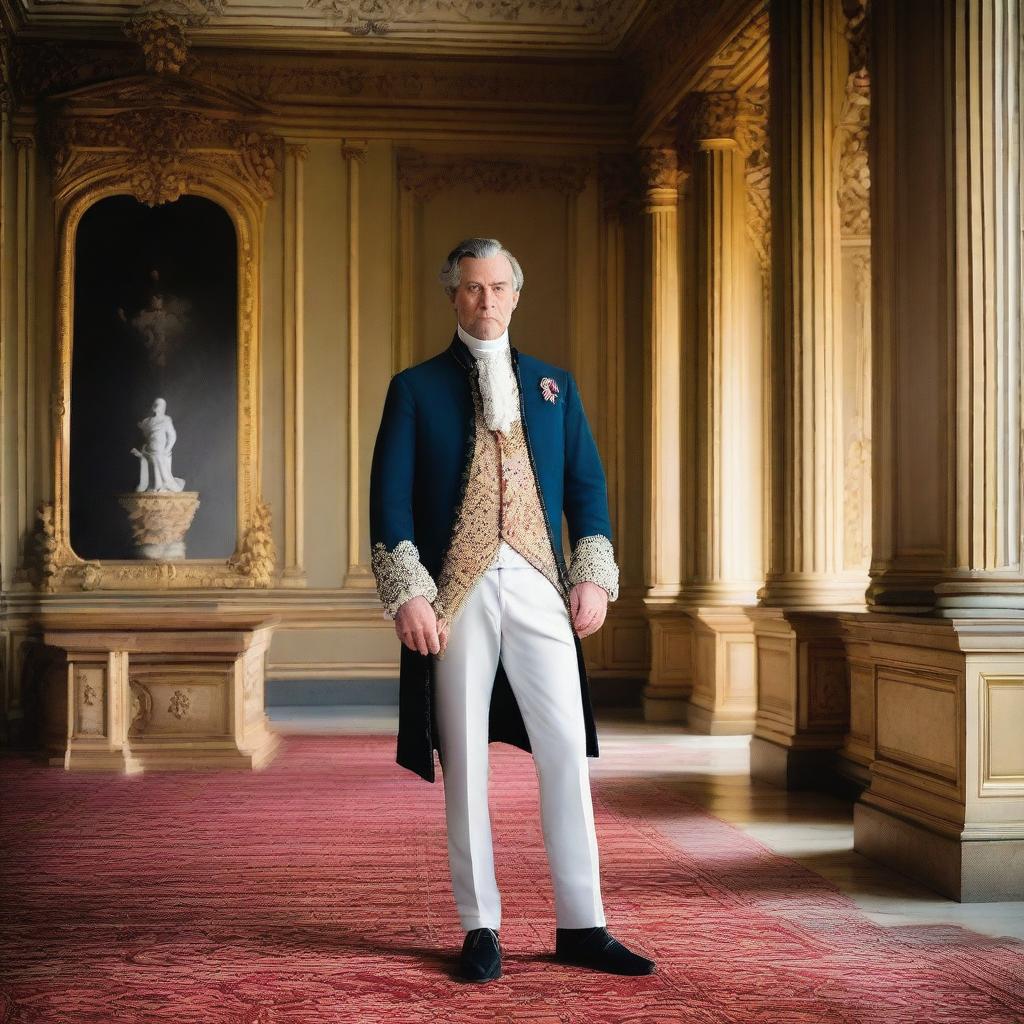 The duc d'Orléans, father to the last king of France, Charles X, stands on the grand staircase leading into his elegant Paris chateau