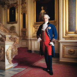 The duc d'Orléans, father to the last king of France, Charles X, stands on the grand staircase leading into his elegant Paris chateau