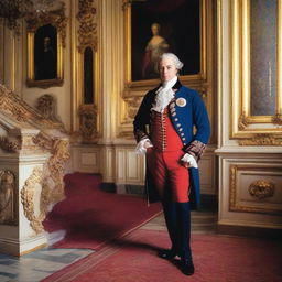 The duc d'Orléans, father to the last king of France, Charles X, stands on the grand staircase leading into his elegant Paris chateau