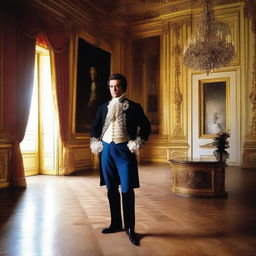 The duc d'Orléans, father to the last king of France, Charles X, stands on the grand staircase leading into his elegant Paris chateau