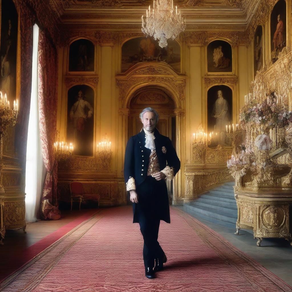 The duc d'Orléans, father to the last king of France, Charles X, stands on the grand staircase leading into his elegant Paris chateau