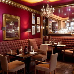 An exquisite, elite café with decadent interior using rich colors, retro furniture, and upscale decor elements.