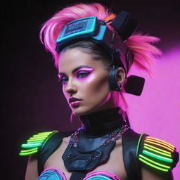 A woman adorned in electropunk fashion, radiating with neon colors, integrated technology, and a retro-futuristic aesthetic.