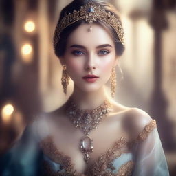 The image features a beautiful girl in a fantasy style portrait, captured in a luxury fashion photography style with fumes surrounding her