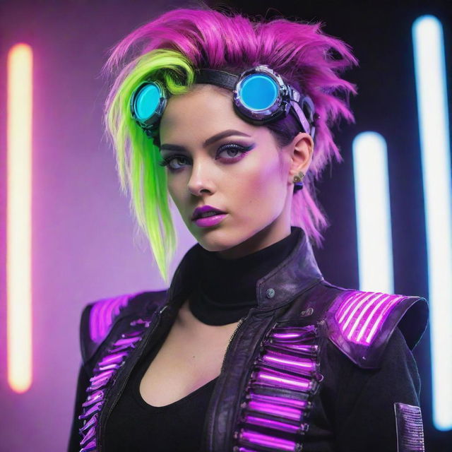 A woman adorned in electropunk fashion, radiating with neon colors, integrated technology, and a retro-futuristic aesthetic.