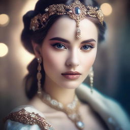 The image features a beautiful girl in a fantasy style portrait, captured in a luxury fashion photography style with fumes surrounding her