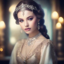 The image features a beautiful girl in a fantasy style portrait, captured in a luxury fashion photography style with fumes surrounding her