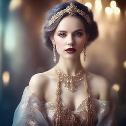 The image features a beautiful girl in a fantasy style portrait, captured in a luxury fashion photography style with fumes surrounding her