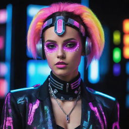 A woman adorned in electropunk fashion, radiating with neon colors, integrated technology, and a retro-futuristic aesthetic.