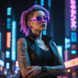 A woman dressed in cyberpunk fashion, basking in a mix of neon lights, high-tech eyewear, futuristic tattoos, and a backdrop of towering, digital dominated cityscapes.