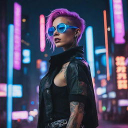 A woman dressed in cyberpunk fashion, basking in a mix of neon lights, high-tech eyewear, futuristic tattoos, and a backdrop of towering, digital dominated cityscapes.