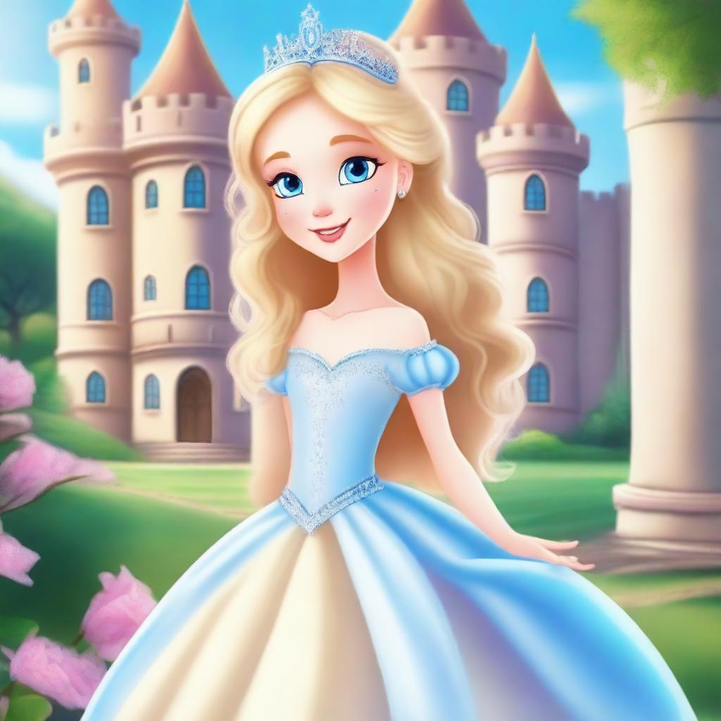 A beautiful blonde princess with blue eyes, wearing an elegant gown and a sparkling tiara, standing in a magical kingdom with a castle in the background