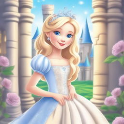 A beautiful blonde princess with blue eyes, wearing an elegant gown and a sparkling tiara, standing in a magical kingdom with a castle in the background