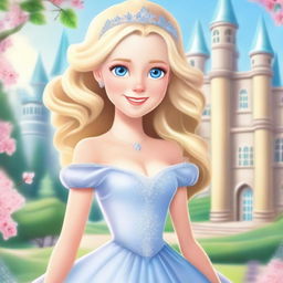 A beautiful blonde princess with blue eyes, wearing an elegant gown and a sparkling tiara, standing in a magical kingdom with a castle in the background