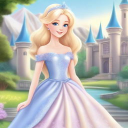 A beautiful blonde princess with blue eyes, wearing an elegant gown and a sparkling tiara, standing in a magical kingdom with a castle in the background