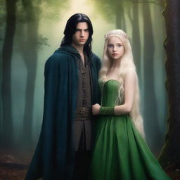 A fantasy book cover featuring a blonde princess with blue eyes and a king with long black hair and green eyes