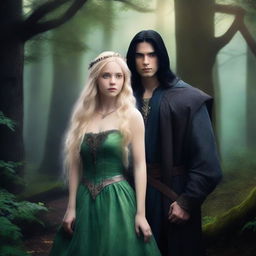 A fantasy book cover featuring a blonde princess with blue eyes and a king with long black hair and green eyes