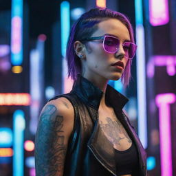 A woman dressed in cyberpunk fashion, basking in a mix of neon lights, high-tech eyewear, futuristic tattoos, and a backdrop of towering, digital dominated cityscapes.