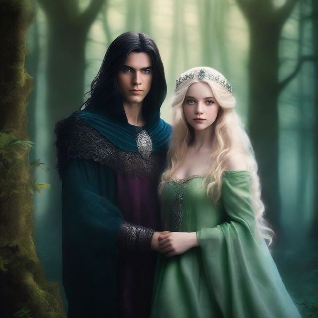 A fantasy book cover featuring a blonde princess with blue eyes and a king with long black hair and green eyes