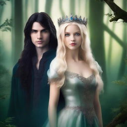 A fantasy book cover featuring a blonde princess with blue eyes and a king with long black hair and green eyes