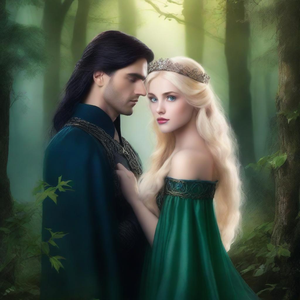 A fantasy book cover titled 'A Profecia da Ninfa' featuring a blonde princess with blue eyes and a king with long black hair and green eyes