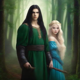 A fantasy book cover titled 'A Profecia da Ninfa' featuring a blonde princess with blue eyes and a king with long black hair and green eyes