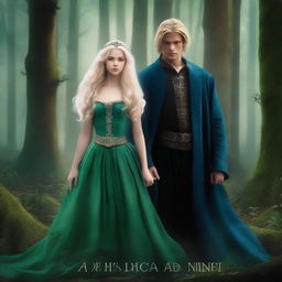 A fantasy book cover titled 'A Profecia da Ninfa' featuring a blonde princess with blue eyes and a king with long black hair and green eyes