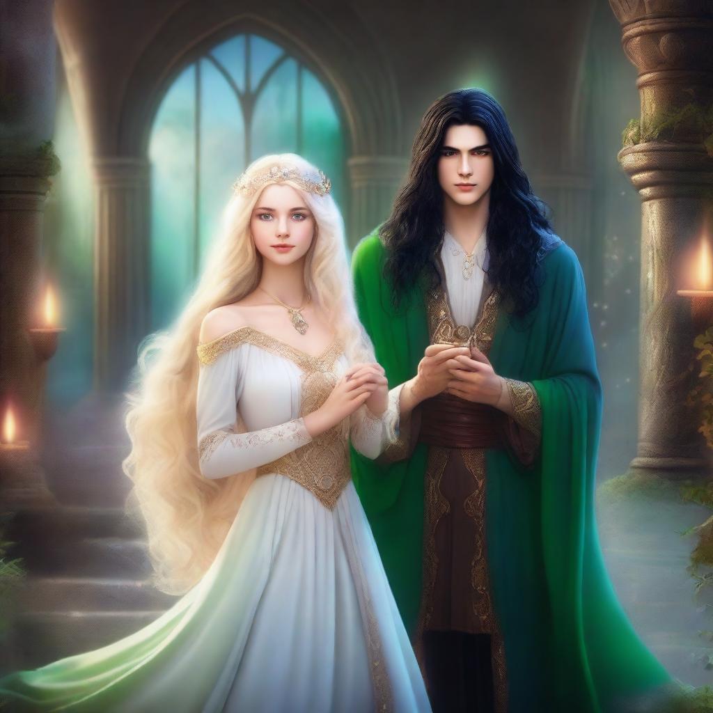 A scene featuring a beautiful blonde princess with blue eyes and a wizard with long black hair and green eyes