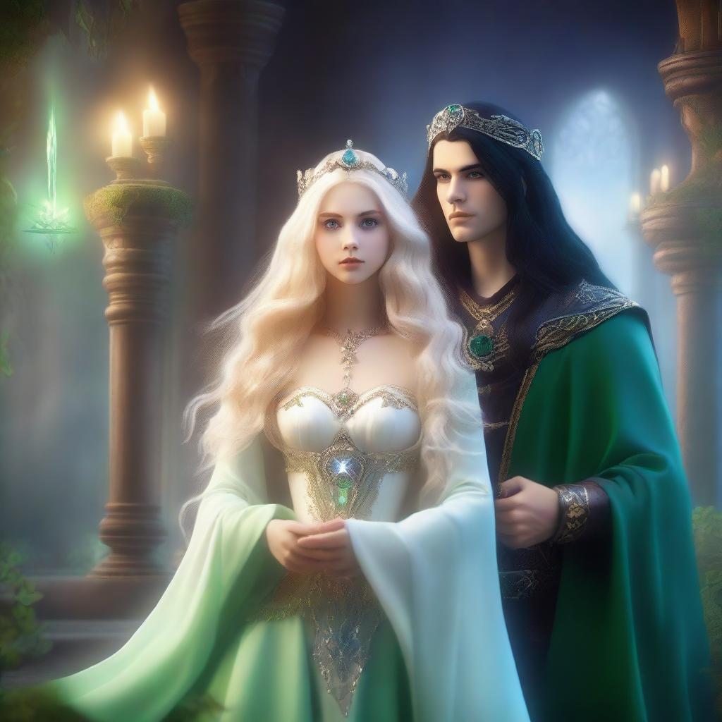 A scene featuring a beautiful blonde princess with blue eyes and a wizard with long black hair and green eyes