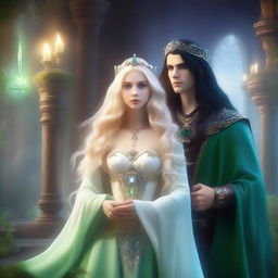A scene featuring a beautiful blonde princess with blue eyes and a wizard with long black hair and green eyes