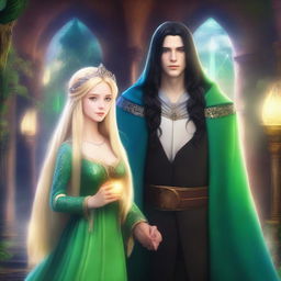 A scene featuring a beautiful blonde princess with blue eyes and a wizard with long black hair and green eyes