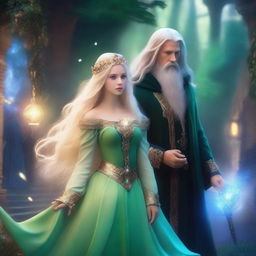 A scene featuring a beautiful blonde princess with blue eyes and a wizard with long black hair and green eyes