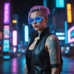 A woman dressed in cyberpunk fashion, basking in a mix of neon lights, high-tech eyewear, futuristic tattoos, and a backdrop of towering, digital dominated cityscapes.