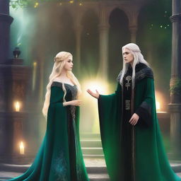 A scene featuring a beautiful blonde princess with blue eyes and a wizard dressed in black robes, with long black hair and green eyes