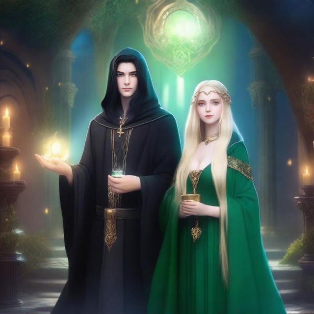 A scene featuring a beautiful blonde princess with blue eyes and a wizard dressed in black robes, with long black hair and green eyes