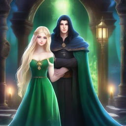 A scene featuring a beautiful blonde princess with blue eyes and a wizard dressed in black robes, with long black hair and green eyes