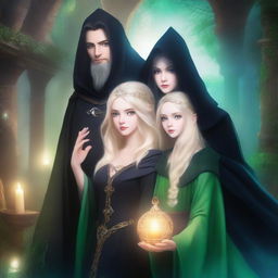 A scene featuring a beautiful blonde princess with blue eyes and a wizard dressed in black robes, with long black hair and green eyes