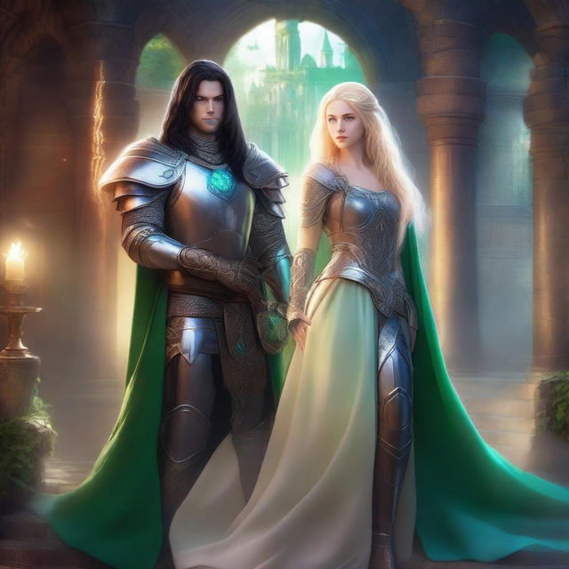 A scene featuring a beautiful blonde princess with blue eyes wearing armor, alongside a wizard with long black hair, green eyes, and also wearing armor