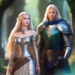 A scene featuring a beautiful blonde princess with blue eyes wearing armor, alongside a wizard with long black hair, green eyes, and also wearing armor