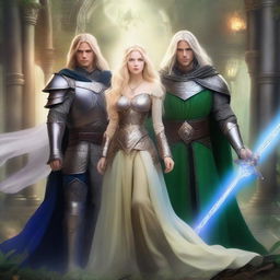 A scene featuring a beautiful blonde princess with blue eyes wearing armor, alongside a wizard with long black hair, green eyes, and also wearing armor