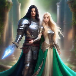 A scene featuring a beautiful blonde princess with blue eyes wearing armor, alongside a wizard with long black hair, green eyes, and also wearing armor