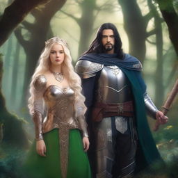 A scene featuring a beautiful blonde princess with blue eyes wearing armor, alongside a wizard with long black hair, green eyes, and also wearing armor