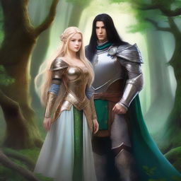 A scene featuring a beautiful blonde princess with blue eyes wearing armor, alongside a wizard with long black hair, green eyes, and also wearing armor