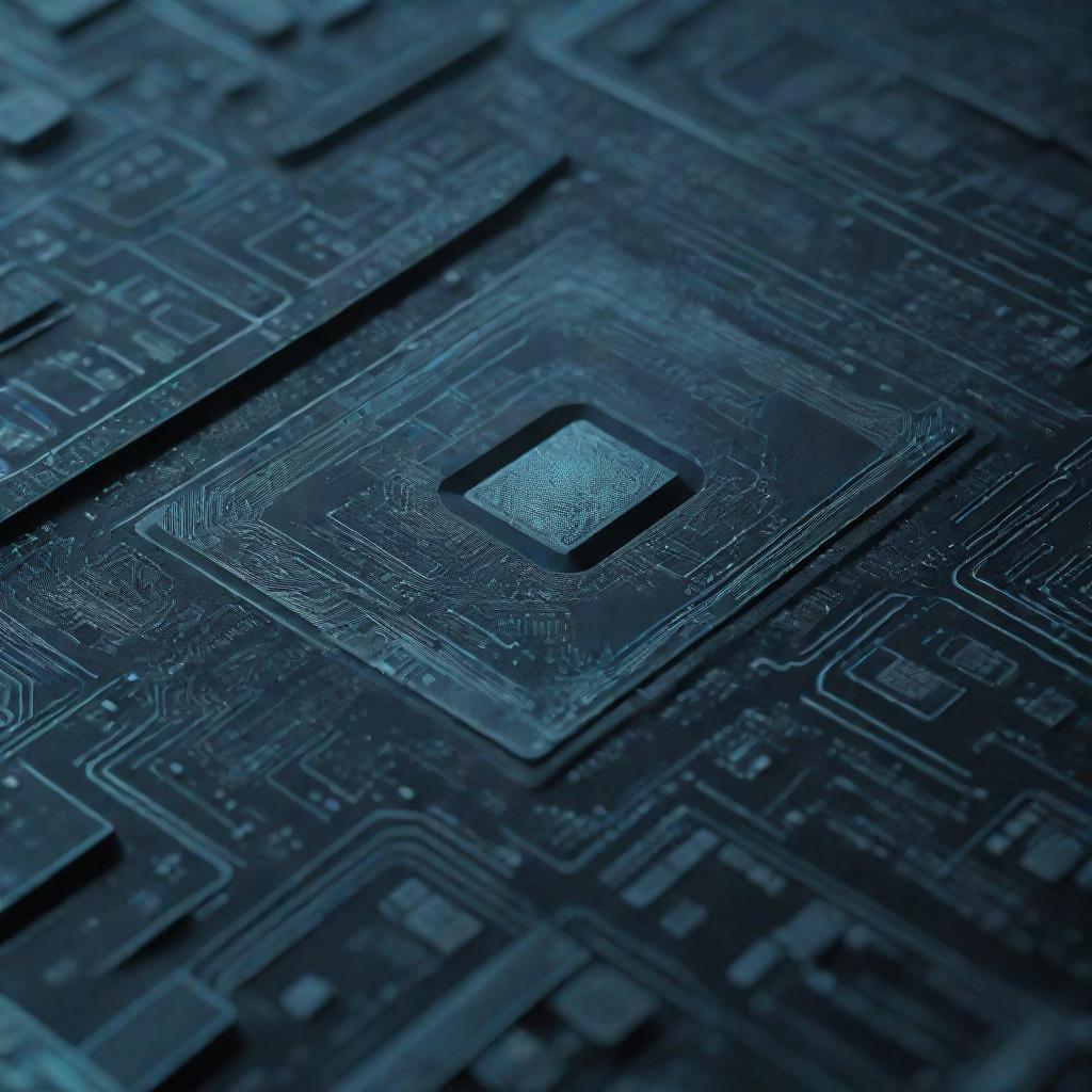 A highly detailed 2D texture map representing a fusion of techno aesthetics with a microscopic view of a nano chip, enhanced with futuristic, sci-fi elements and pulsating, glowing graphic designs.