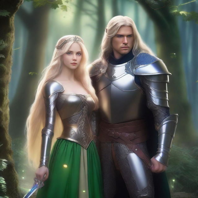 A scene featuring a beautiful blonde princess with blue eyes wearing armor, alongside a wizard with long black hair, green eyes, and also wearing armor