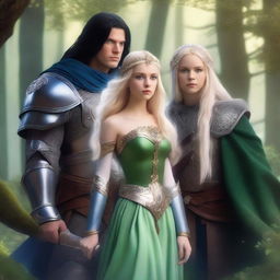 A scene featuring a beautiful blonde princess with blue eyes wearing armor, alongside a wizard with long black hair, green eyes, and also wearing armor