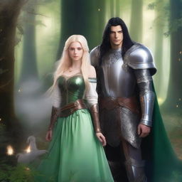 A scene featuring a beautiful, short blonde princess with blue eyes wearing armor, alongside a tall, handsome wizard with long black hair, green eyes, and also wearing armor