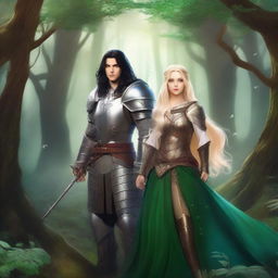 A scene featuring a beautiful, short blonde princess with blue eyes wearing armor, alongside a tall, handsome wizard with long black hair, green eyes, and also wearing armor